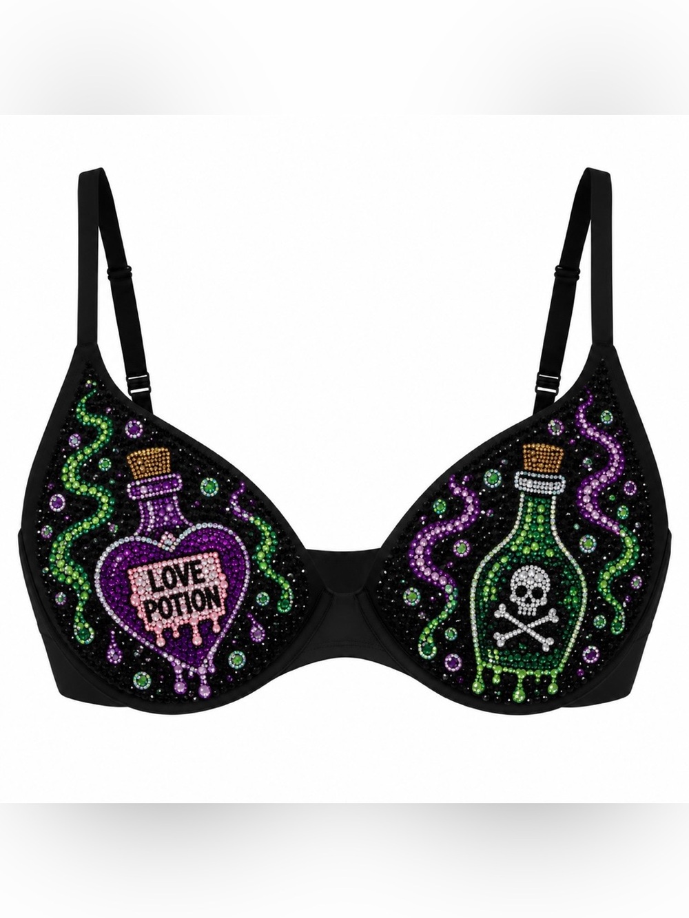 34DD Black Green & Purple Love Potion Design Rhinestone Crystal Glam Bra